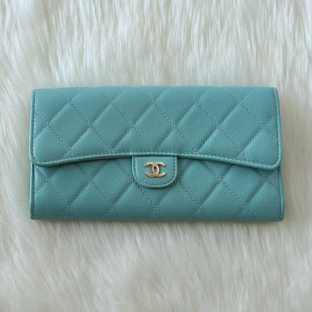 Limited Edition Chanel Turquoise Quilted Caviar Leather Long Wallet